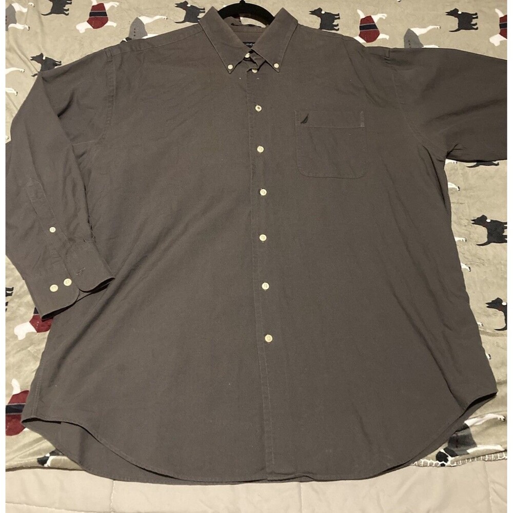 Nautica Men's Cotton Dress Shirt 17.5 32/33 Vintage Oxford Button Down Gray XL